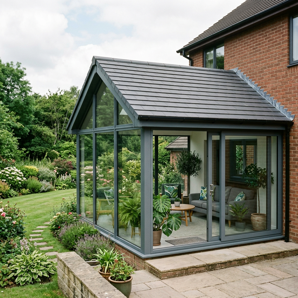 Glass garden room extension with seating and plants attached to brick house